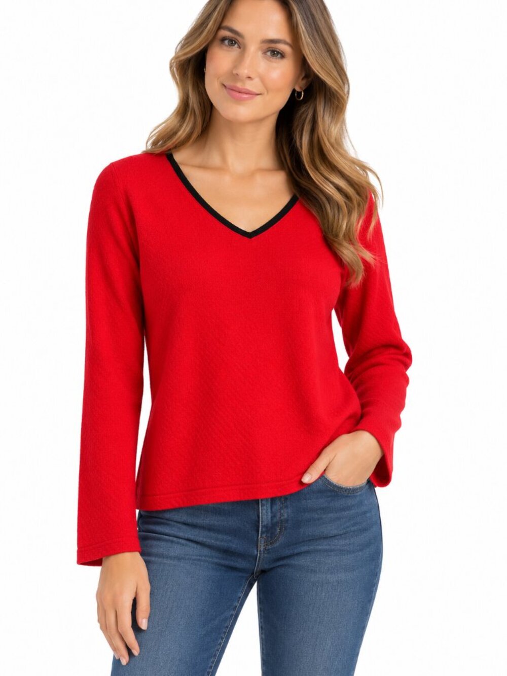 British Khaki Red Textured V-Neck Long Sleeve Top Size Small